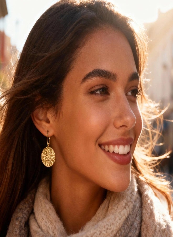 ALEXCRAFT Gold Hammered Dangle Earrings for Women, ALEXCRAFT 14K Goldplated Hammered Round Coin Drop Earring Hypoallergenic Lightweight Gold Coin Dangle Drop Leverback Earrings for Women Trendy Jewelry Gifts - Image 4
