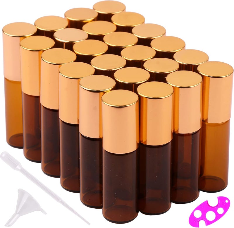 MAXMAU MaxMau 24 Pack 5ml Amber Glass Roller Bottles for Essential Oils,Roll on Bottle with Stainless Steel Roller Balls Golden Painted Caps for Daily Aromatherapy Sample Test Travel