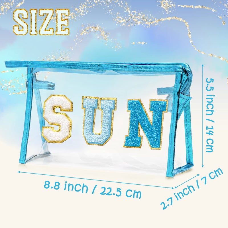 Y1tvei Preppy Patch SUN Varsity Letter Cosmetic Toiletry Bag Transparent PVC Zipper Makeup Bag Clutch Purse Portable Waterproof Travel Organizer Compliant Bag for Women Girls Teens (Blue) - Image 2