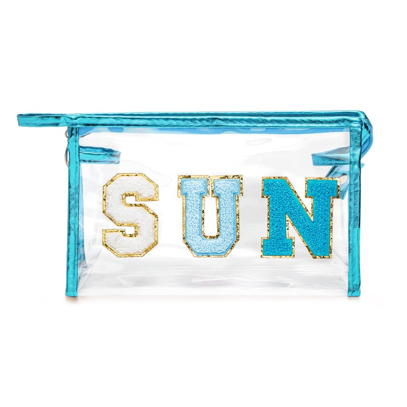 Y1tvei Preppy Patch SUN Varsity Letter Cosmetic Toiletry Bag Transparent PVC Zipper Makeup Bag Clutch Purse Portable Waterproof Travel Organizer Compliant Bag for Women Girls Teens (Blue) - Image 1