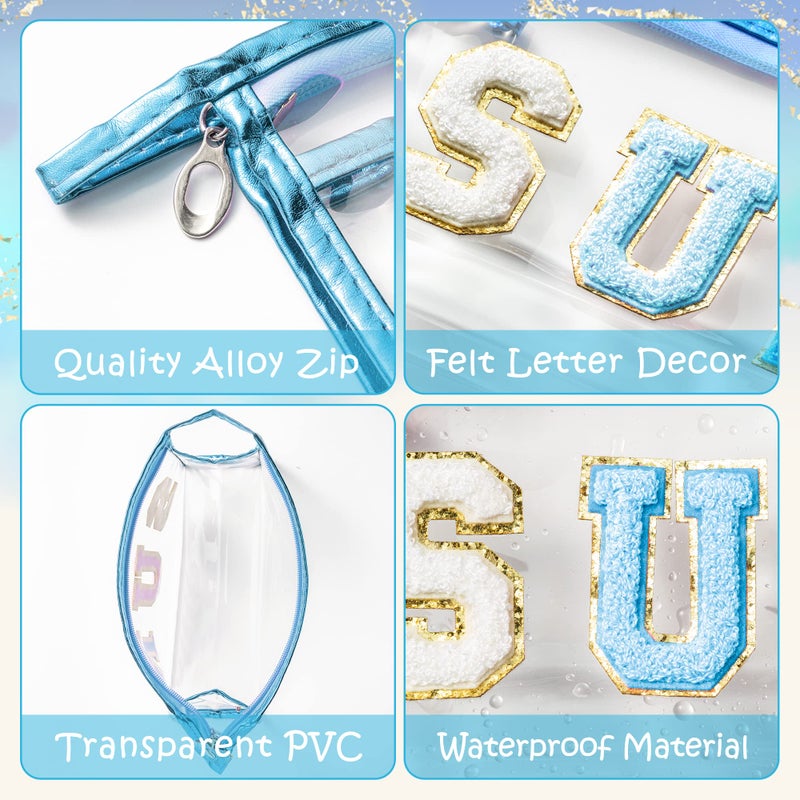 Y1tvei Preppy Patch SUN Varsity Letter Cosmetic Toiletry Bag Transparent PVC Zipper Makeup Bag Clutch Purse Portable Waterproof Travel Organizer Compliant Bag for Women Girls Teens (Blue) - Image 3