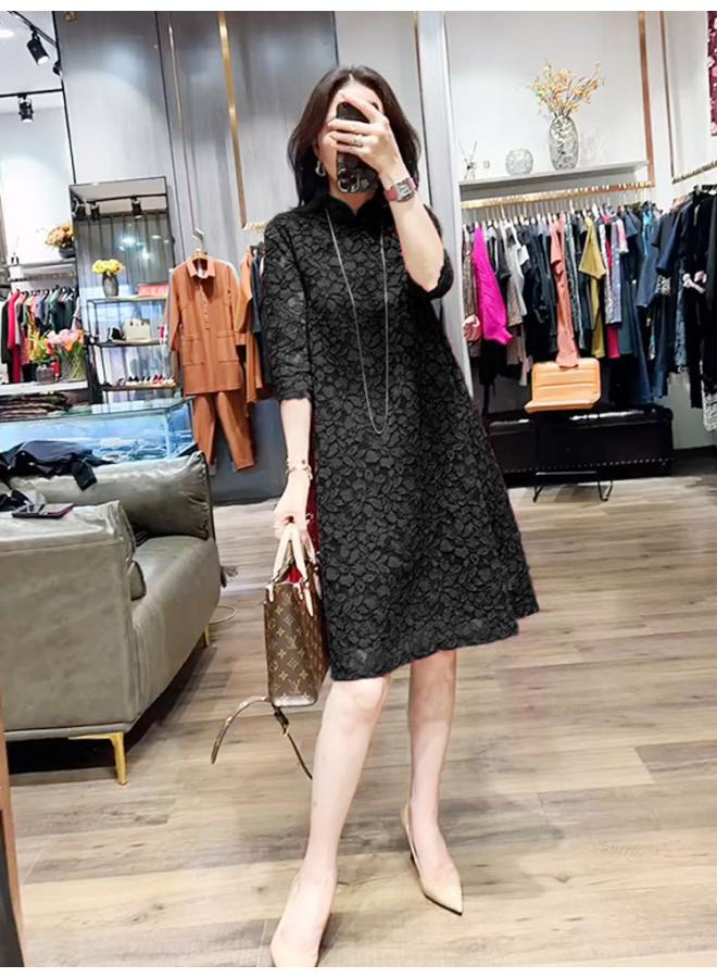 Large Size Women's Clothing Spring And Summer National Style Cheongsam Dress Belly Covering Slimming Elegant Small Fragrant Style Chubby Girl Fashion Lace Skirt