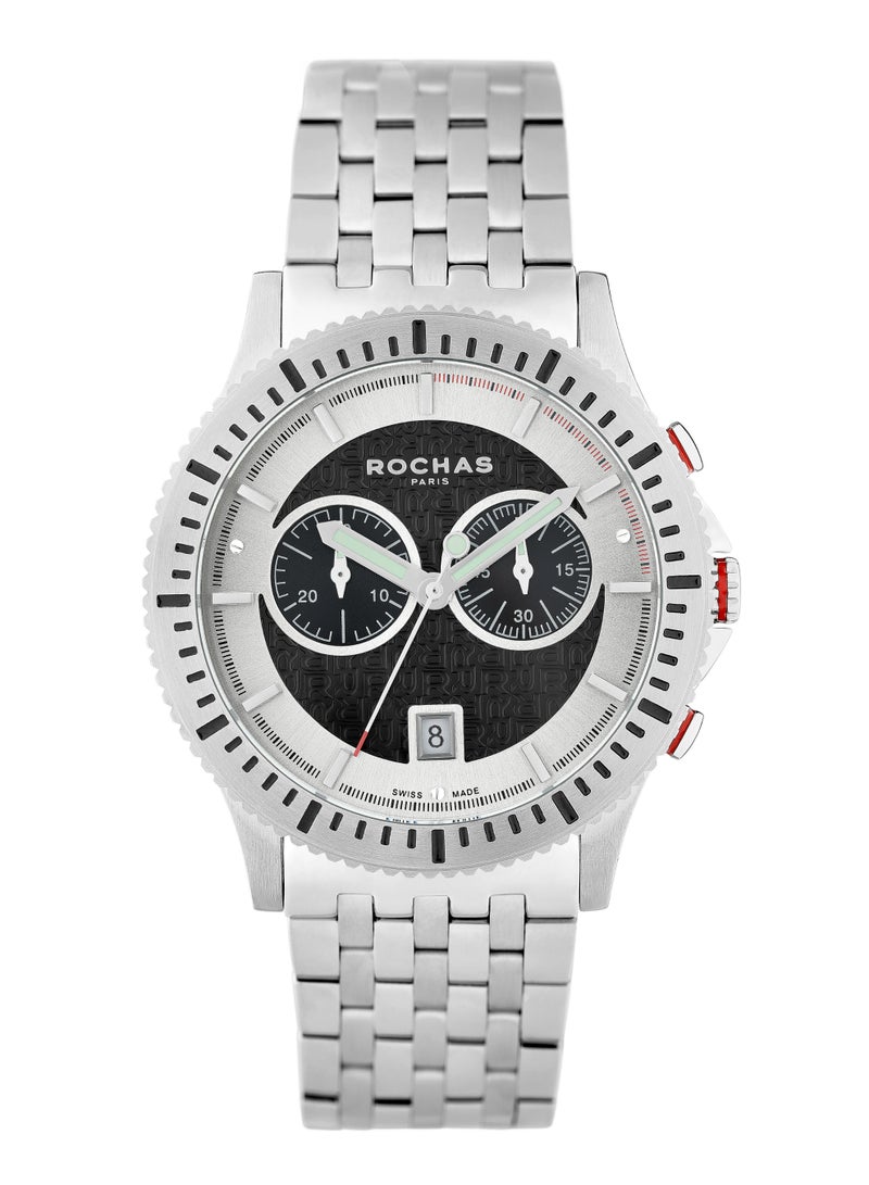 Rochas Men's 42 mm Swiss Made Black Dial and Silver Stainless Steel Watch with Day-Date Feature - RWM205.