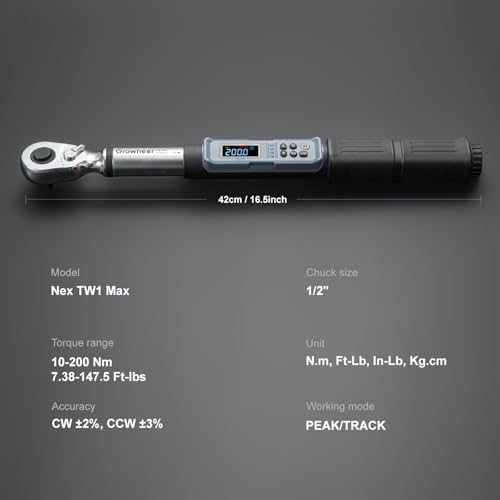 GROWNEER Upgraded Digital Torque Wrench Set, 7.38-147.5 Ft-lbs/10-200 nm, 1/2'' Drive Rachet Torque Wrench with Buzzer & Colorful LED Indicator, Electronic Wrench for Motor Car Tires Auto Repair - Image 2