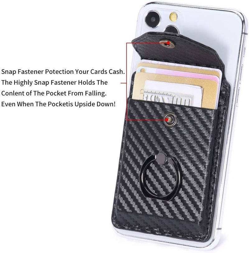YUNCE Card Holder for Back of Phone Cell Phone Card Holder RFID Ring Stand Stick on Wallet iPhone Android and All Smartphones Adhesive Credit Card Holder Black - Image 5