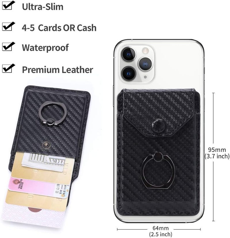 YUNCE Card Holder for Back of Phone Cell Phone Card Holder RFID Ring Stand Stick on Wallet iPhone Android and All Smartphones Adhesive Credit Card Holder Black - Image 2
