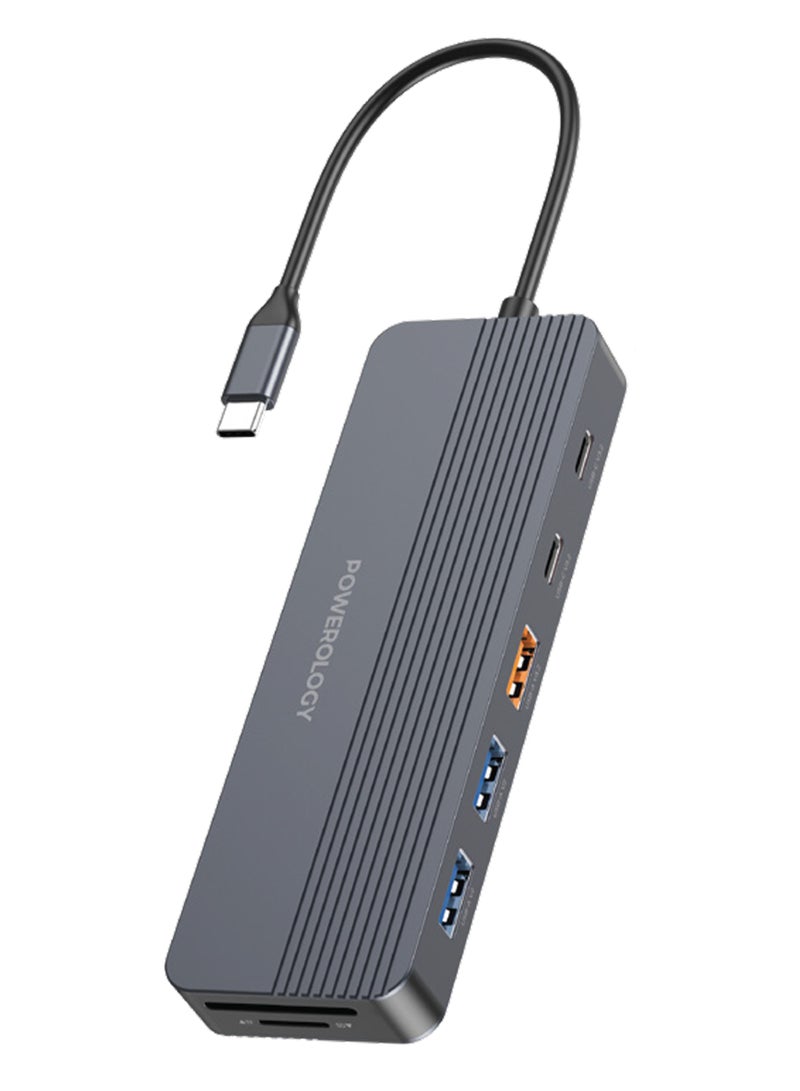 Powerology 12-in-1 USB-C Hub PD 100W / Adapter with 4K HDMI DisplayPort / LAN, Ethernet, SD/TF Card Reader, 3× USB-A, 2× USB-C, 3.5mm Audio Jack, for MacBook, Laptop, Surface - Grey - Image 1