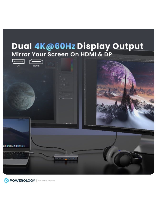 Powerology 12-in-1 USB-C Hub PD 100W / Adapter with 4K HDMI DisplayPort / LAN, Ethernet, SD/TF Card Reader, 3× USB-A, 2× USB-C, 3.5mm Audio Jack, for MacBook, Laptop, Surface - Grey - Image 5