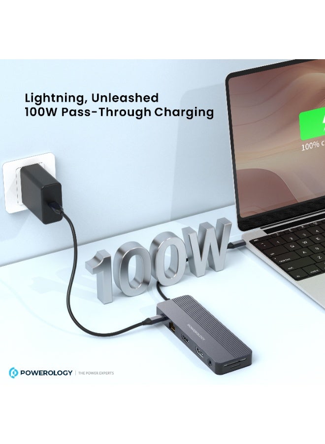 Powerology 12-in-1 USB-C Hub PD 100W / Adapter with 4K HDMI DisplayPort / LAN, Ethernet, SD/TF Card Reader, 3× USB-A, 2× USB-C, 3.5mm Audio Jack, for MacBook, Laptop, Surface - Grey - Image 3