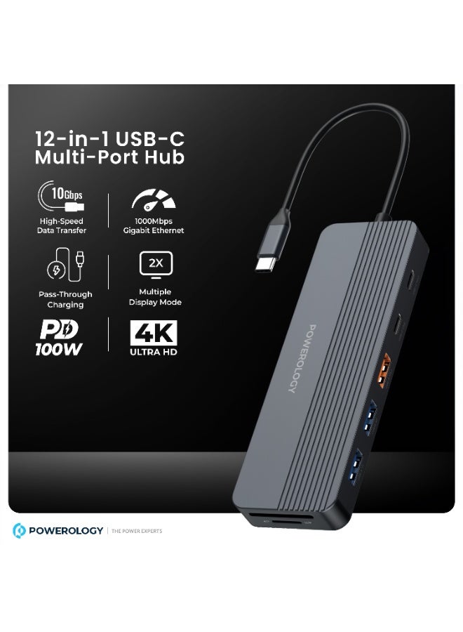 Powerology 12-in-1 USB-C Hub PD 100W / Adapter with 4K HDMI DisplayPort / LAN, Ethernet, SD/TF Card Reader, 3× USB-A, 2× USB-C, 3.5mm Audio Jack, for MacBook, Laptop, Surface - Grey - Image 2