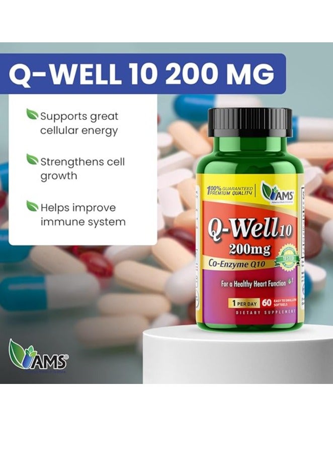 AMS كبسولات هلامية ناعمة من CoQ10 بتركيز 200 ملجم، مكمل غذائي يحتوي على إنزيم Q10 وفيتامين E، 60 كبسولة - Image 2