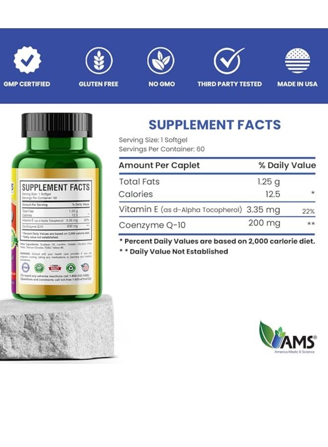 AMS كبسولات هلامية ناعمة من CoQ10 بتركيز 200 ملجم، مكمل غذائي يحتوي على إنزيم Q10 وفيتامين E، 60 كبسولة - Image 5