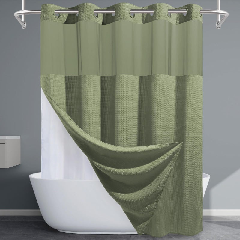 EUTXL Sage Green Hotel Shower Curtain - 230GSM Waffle Textured Heavy Duty Thick Fabric Shower Curtains for Bathroom,71W x 74H - Image 1