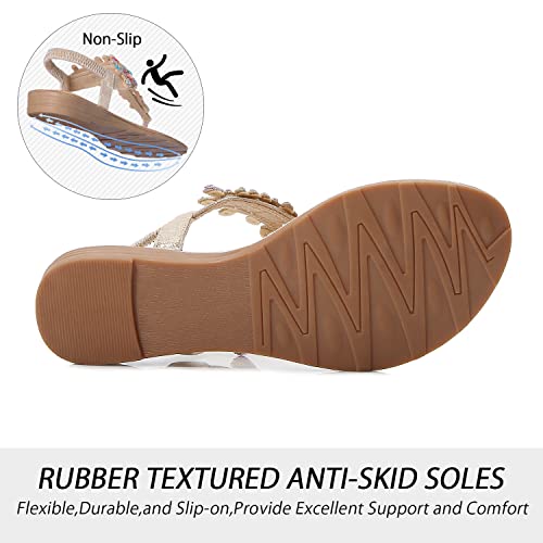 iCKER Women Rhinestone Sandals T-Strap Buckle Bohemian Pearl Crystal Flat Sandals-PD01-Gold-8 - Image 4
