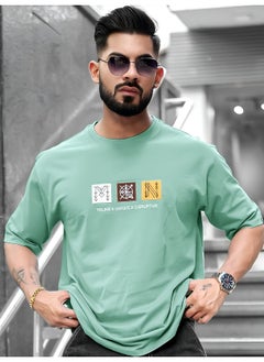 Maniac تي شيرت قطن أخضر بيرلي للرجال بأكمام ثلاثة أرباع مع طباعة round neck  - Image 2