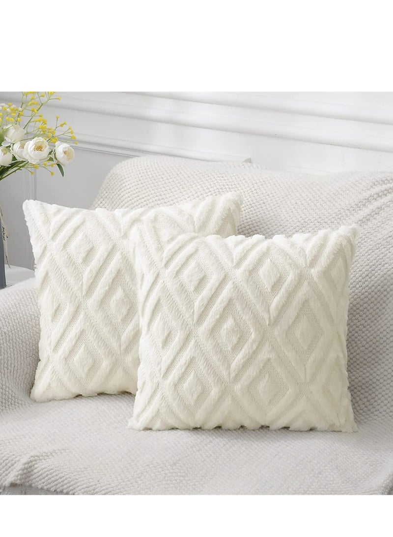 Soft Faux Fur Throw Pillow Covers, 16 x 16 Inch Plush Short Wool Velvet Decorative Pillow Covers, Couch Sofa Pillow Covers for Living Room with 3D Diamond Pattern (Set of 2, Cream White)  - Image 1
