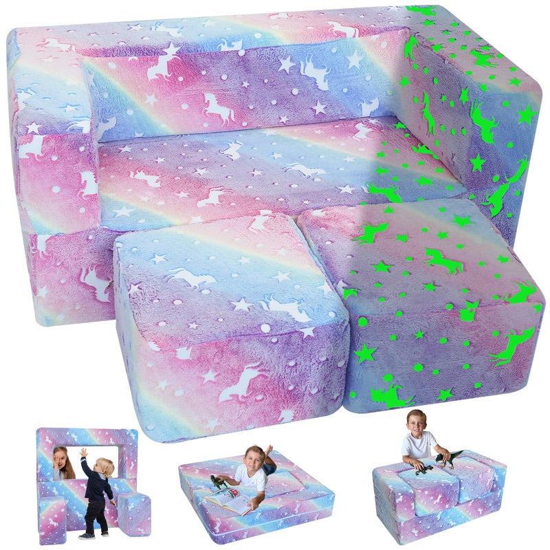 MeMoreCool Glow in The Dark Kids Couch Rainbow Fold Out Toddler Sofa Modular Play Couch for Bedroom and Playroom Baby Sofa Kids Furniture