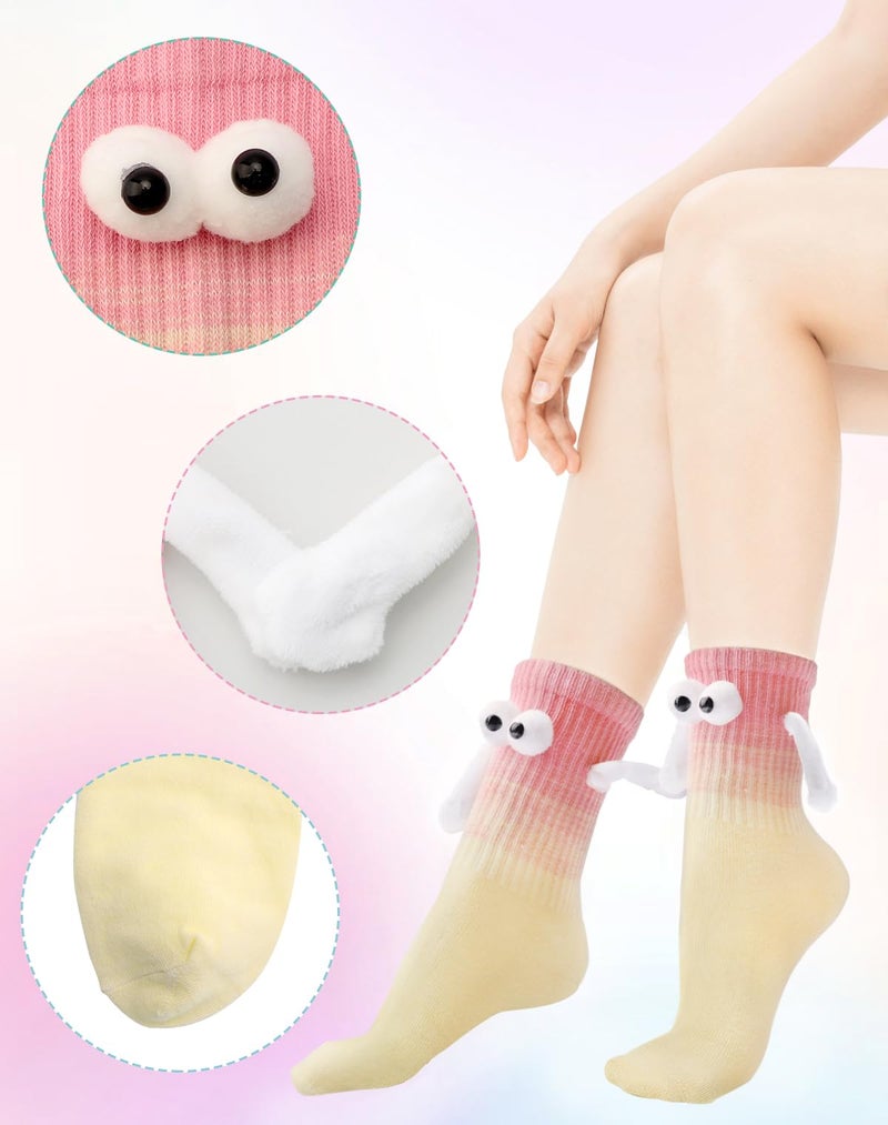 Yawlsow Funny Holding Hands 4 Pairs Socks Crazy Magnetic Men Women Socks Couple Silly Sock Novelty Birthday Gifts for Teens, Friends (US, Alpha, One Size, Regular, Regular, Gradient Color-3D Eyes) - Image 2
