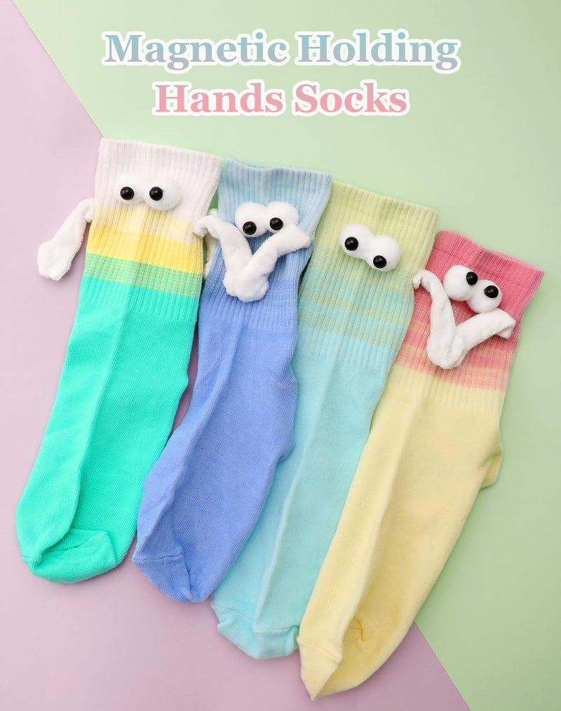 Yawlsow Funny Holding Hands 4 Pairs Socks Crazy Magnetic Men Women Socks Couple Silly Sock Novelty Birthday Gifts for Teens, Friends (US, Alpha, One Size, Regular, Regular, Gradient Color-3D Eyes) - Image 3