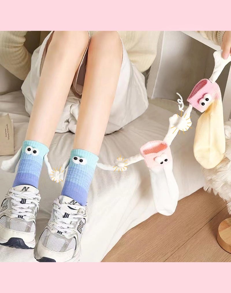 Yawlsow Funny Holding Hands 4 Pairs Socks Crazy Magnetic Men Women Socks Couple Silly Sock Novelty Birthday Gifts for Teens, Friends (US, Alpha, One Size, Regular, Regular, Gradient Color-3D Eyes) - Image 5