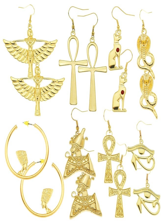 RechicGu 8 Pairs Women Egyptian Ancient Costume Dangle Set Earrings Cross Snake Hoop Studs Drop Vintage Jewelry Accessory Statement Polish Golden… - Image 1