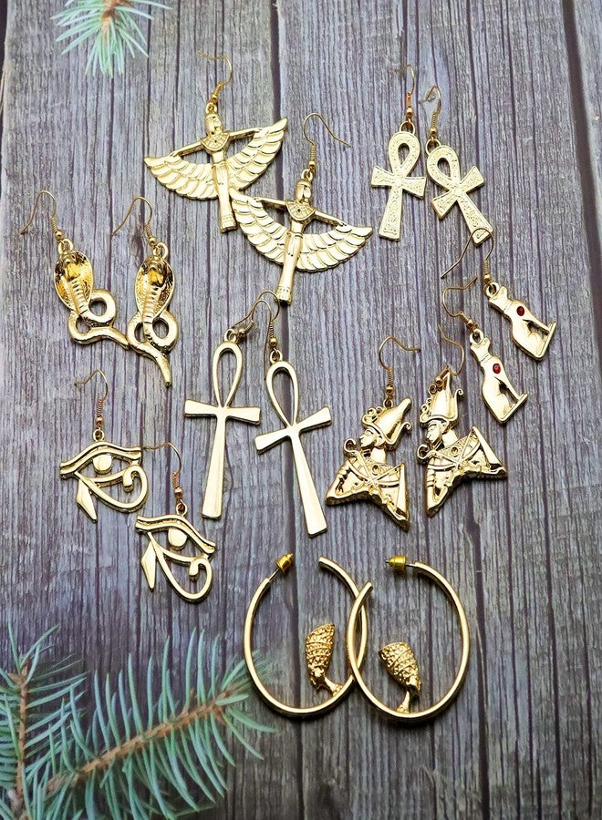 RechicGu 8 Pairs Women Egyptian Ancient Costume Dangle Set Earrings Cross Snake Hoop Studs Drop Vintage Jewelry Accessory Statement Polish Golden… - Image 4
