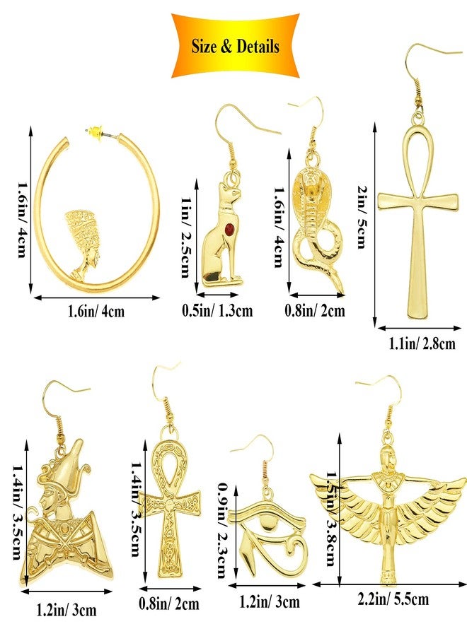 RechicGu 8 Pairs Women Egyptian Ancient Costume Dangle Set Earrings Cross Snake Hoop Studs Drop Vintage Jewelry Accessory Statement Polish Golden… - Image 5