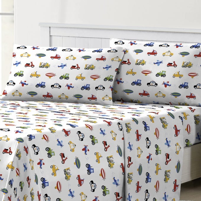 KIDS SHEET SET LIGHTWEIGHT MICROFIBER BED SHEETS SUPER SOFT EASY WASH COZY BEDDING 10 POCKET FULL BLUE TRUCKS TRACTORS CARS