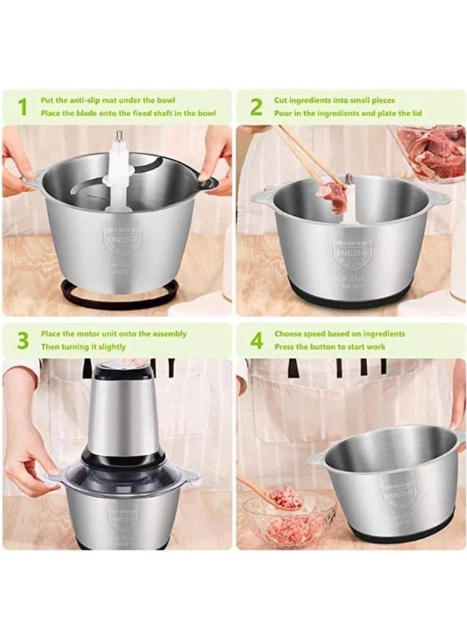 Stainless Steel Electric Food Chopper, 3L Capacity, 4 Blades with Steel Gear, 4-Speed Control, Silver - Image 2