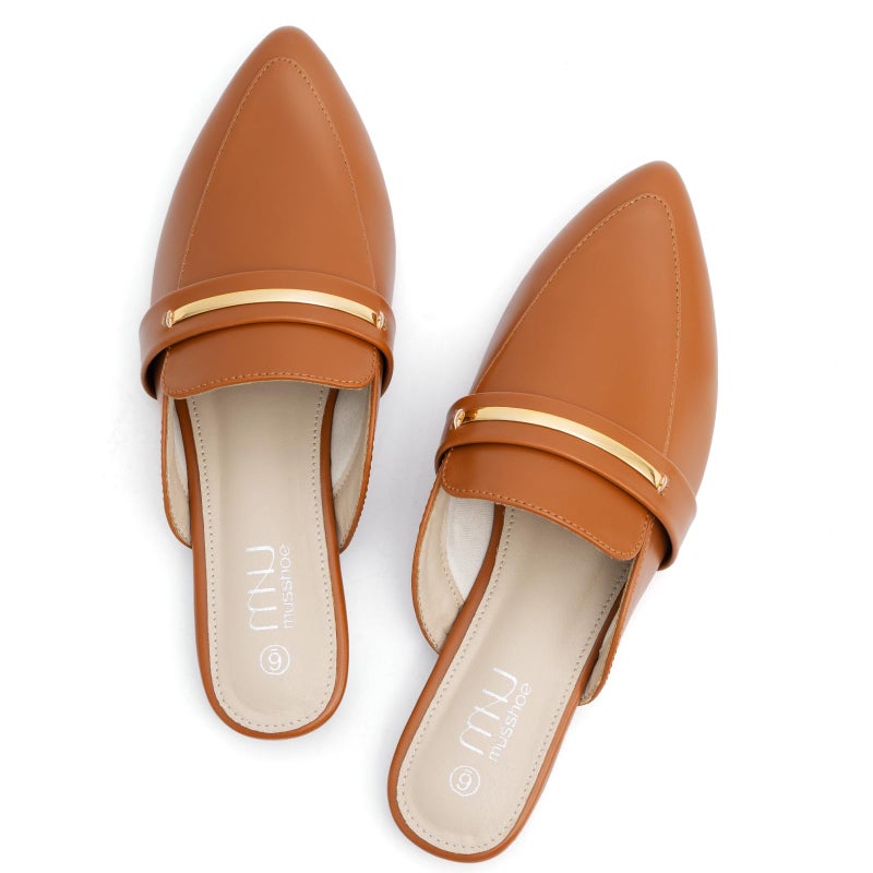 MUSSHOE Mules for Woman Pointed Toe Women's Bukle Mule Flat Slip-on Womens Mules Shoes Casual Fashion Party Work,Tan PU 8 - Image 1