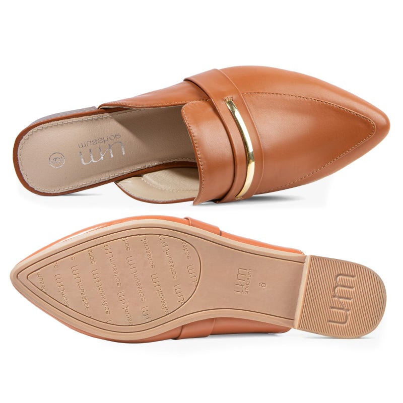 MUSSHOE Mules for Woman Pointed Toe Women's Bukle Mule Flat Slip-on Womens Mules Shoes Casual Fashion Party Work,Tan PU 8 - Image 3