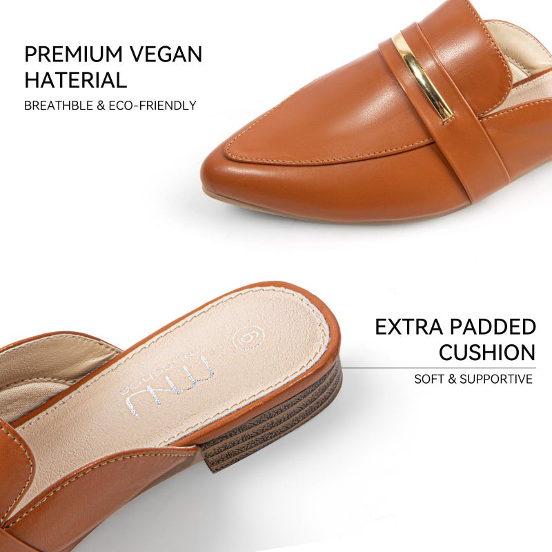 MUSSHOE Mules for Woman Pointed Toe Women's Bukle Mule Flat Slip-on Womens Mules Shoes Casual Fashion Party Work,Tan PU 8 - Image 5