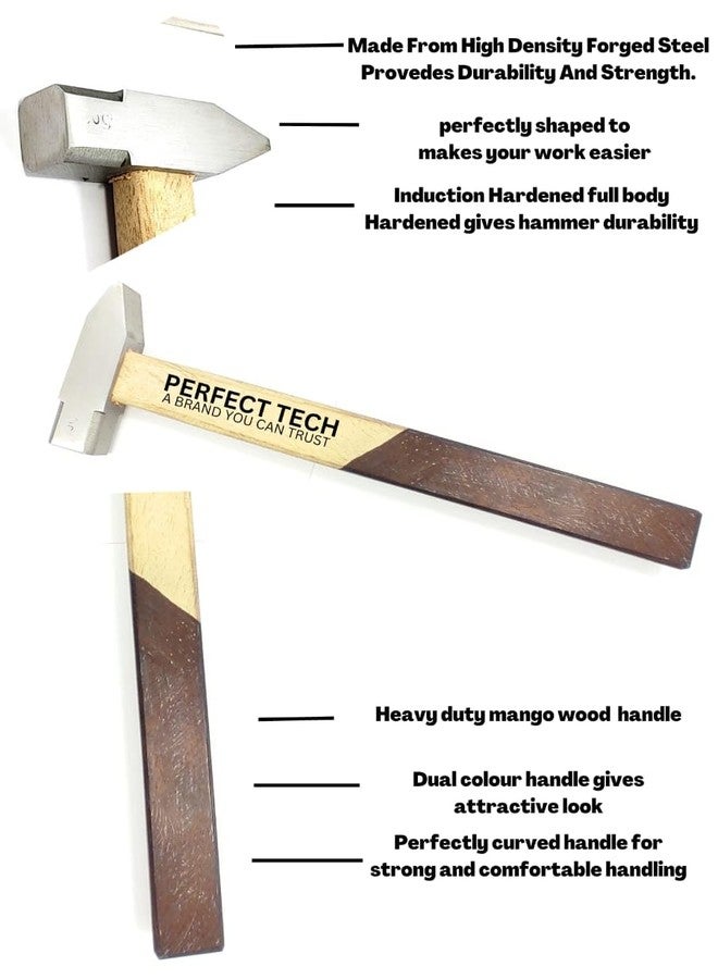 PERFECT TECH High Carbon Steel Hammer With Double Colour Wooden Handle (200gram Head) - Image 3