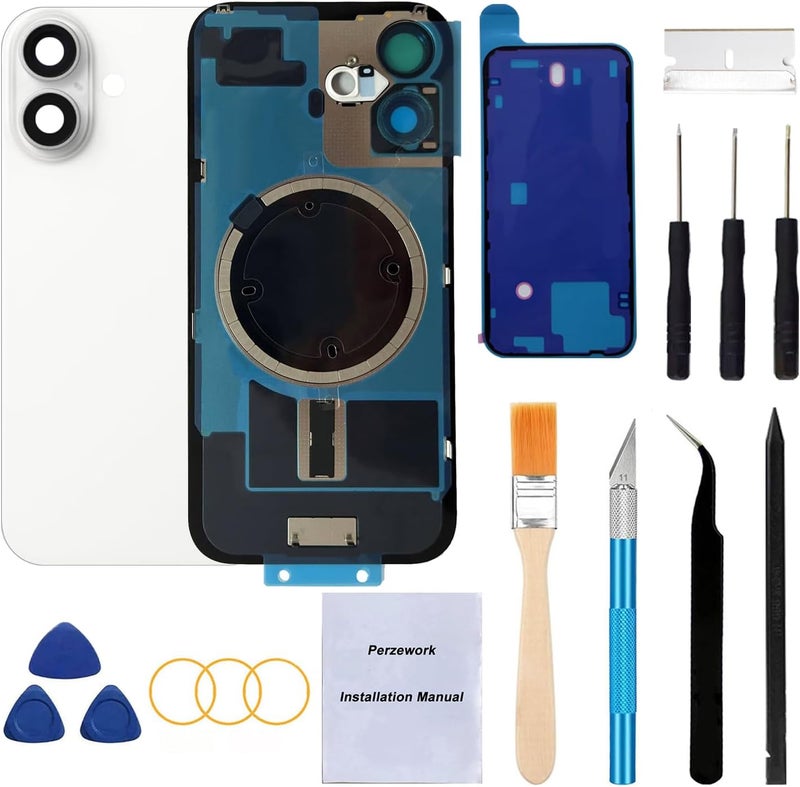 Perzework Rear Back Glass Replacement for iPhone 16 6.1-inches + Pre-Installed Plate and Camera Frame and lens + Reparing Tool Kit (White) - Image 1
