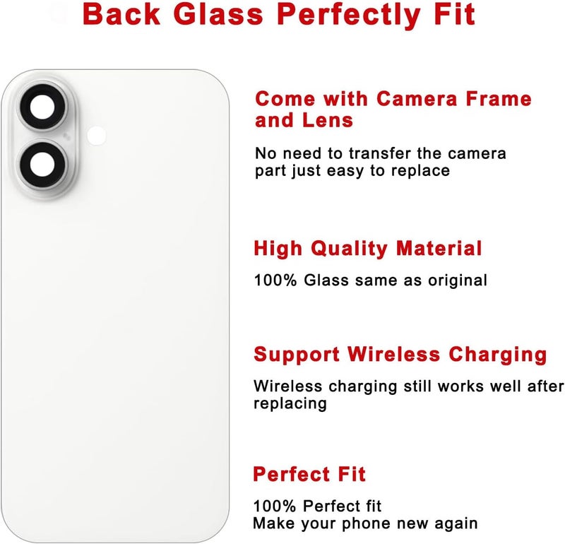 Perzework Rear Back Glass Replacement for iPhone 16 6.1-inches + Pre-Installed Plate and Camera Frame and lens + Reparing Tool Kit (White) - Image 3