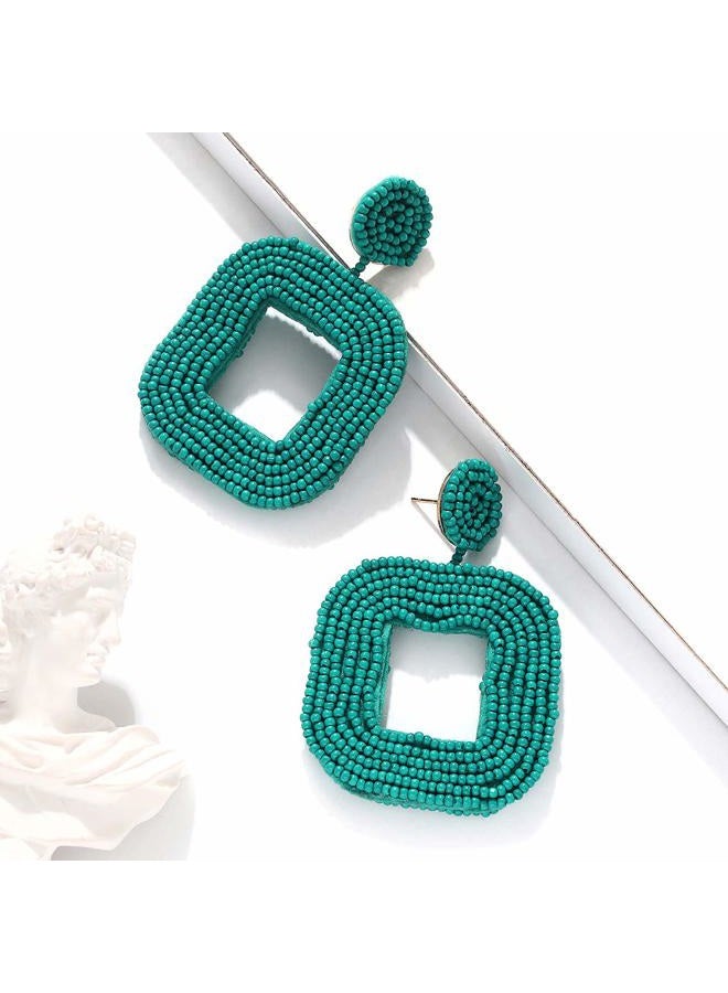 Boderier Beaded Drop Earrings Bohemian Wire Wrapped Beaded Square Hoop Dangle Statement Earrings (Blue) - Image 5