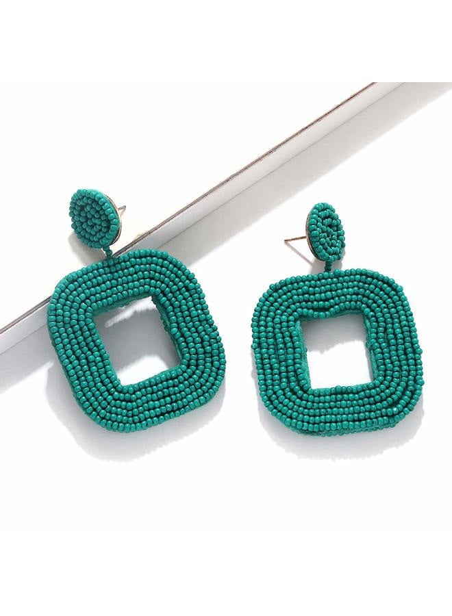 Boderier Beaded Drop Earrings Bohemian Wire Wrapped Beaded Square Hoop Dangle Statement Earrings (Blue) - Image 2