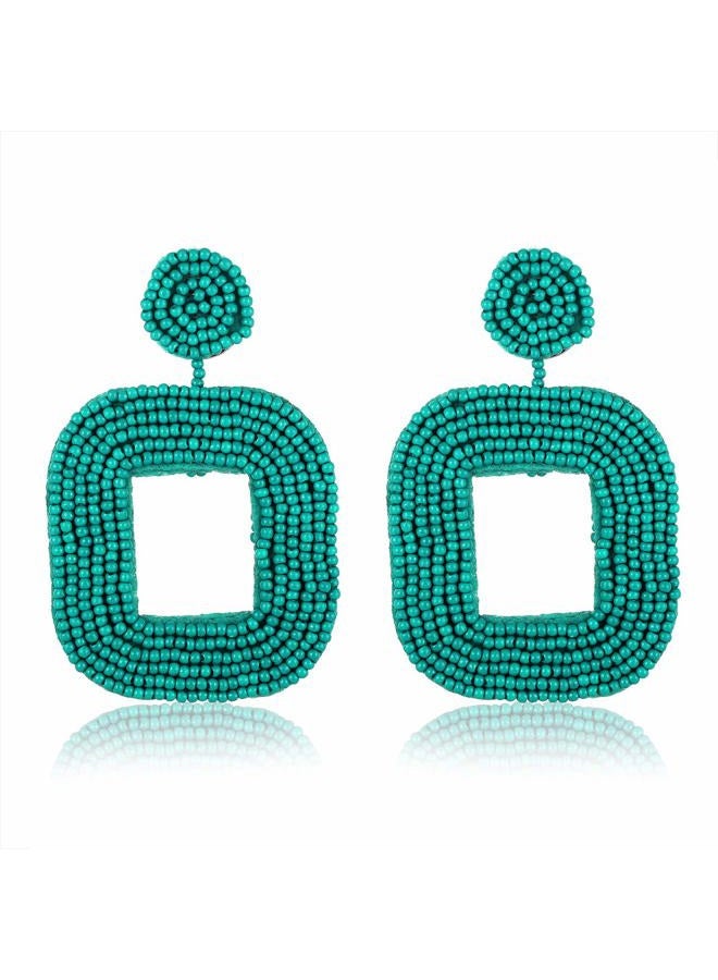 Boderier Beaded Drop Earrings Bohemian Wire Wrapped Beaded Square Hoop Dangle Statement Earrings (Blue) - Image 1