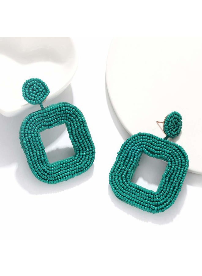 Boderier Beaded Drop Earrings Bohemian Wire Wrapped Beaded Square Hoop Dangle Statement Earrings (Blue) - Image 3