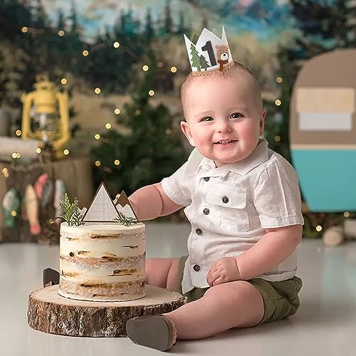 Agkvw One Happy Camper Teddy Bear 1st Birthday Hat, Woodland Camping Decor for Boys - Image 2