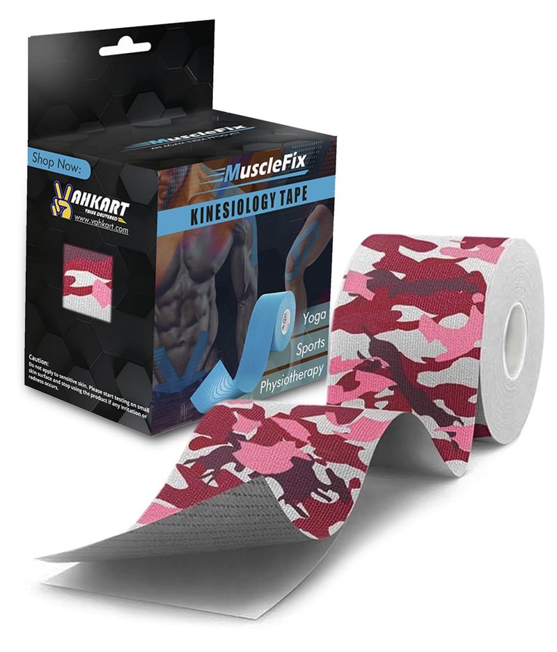 MuscleFix Athletic Sports Kinesiology Tape | Tape for Injury, Muscle Support, Pain Relief, Joint Support and Physiotherapy (5 m * 5 cm) (Pink Camo) - Image 1
