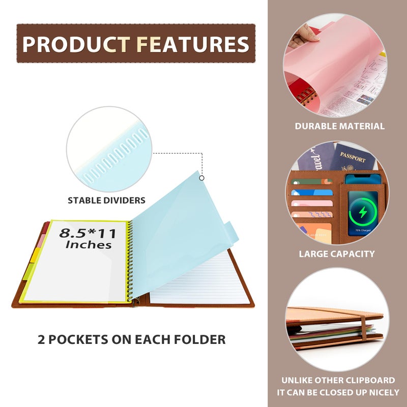 Ospelelf Clipboard with Storage for Men Women, Leather Padfolio Portfolio Organizer 5 Folders with 10 Pockets, Spiral Clipboard Folio with Notepad for Letter Size, Elastic Closure and Pen Loop Brown - Image 4