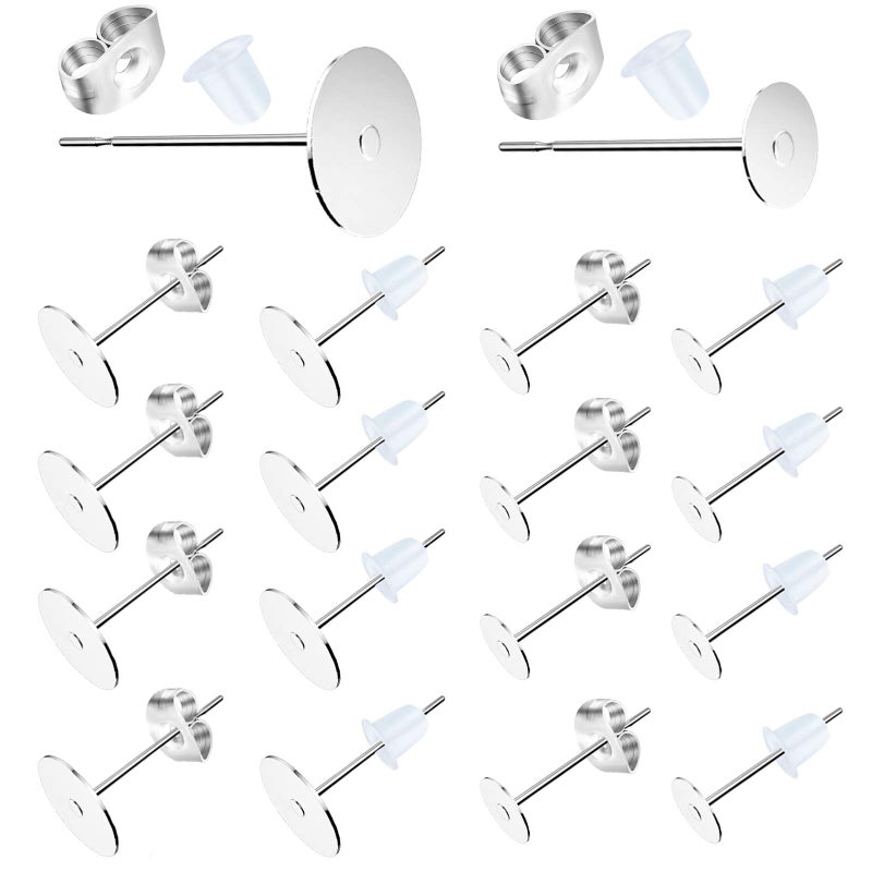 Earring Posts Stainless Steel 500Pcs Hypoallergenic Flat Pad Earring Studs 4mm 6mm with Butterfly and Rubber Bullet Earring Backs for Jewelry Making Findings