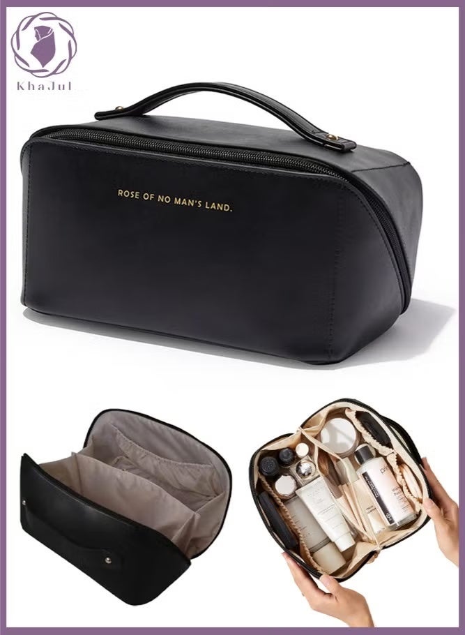 KHAJUL Travel Cosmetic Bag, Women's Large Capacity Cosmetic Bag, Waterproof Portable Bag Flat Cosmetic Bag, Makeup Storage Bag with Dividers and Handles (Black) - Image 2