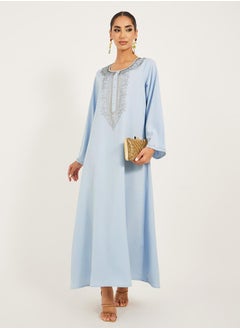 raglan sleeve flared hem jalabiya with rhinestone embroidery at neck