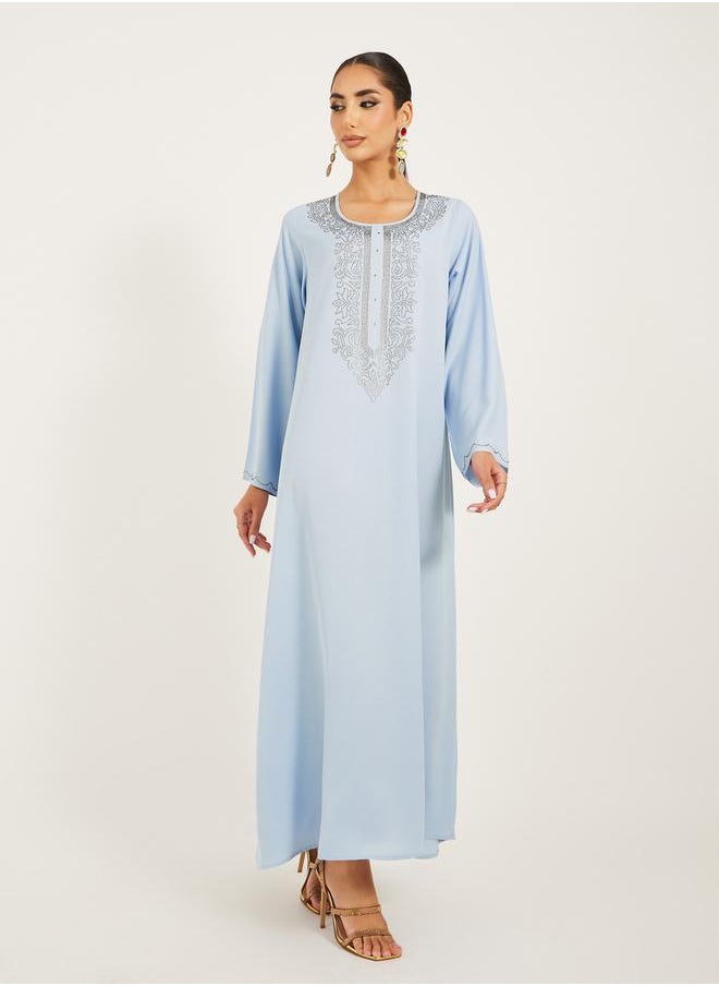 Styli - raglan sleeve flared hem jalabiya with rhinestone embroidery at neck - Image 1