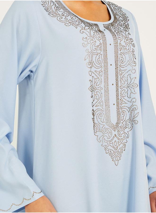 Styli - raglan sleeve flared hem jalabiya with rhinestone embroidery at neck - Image 1