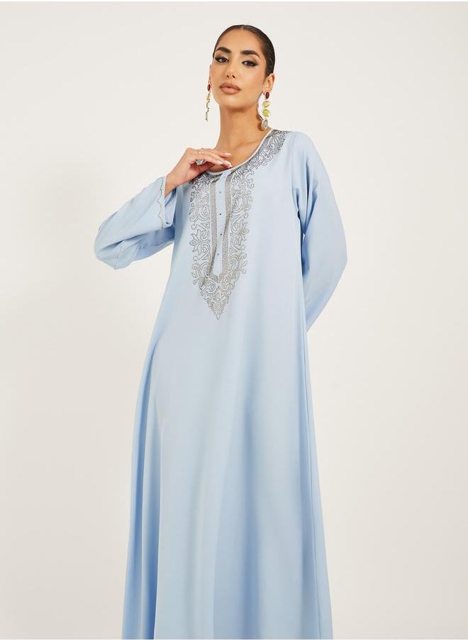 Styli - raglan sleeve flared hem jalabiya with rhinestone embroidery at neck - Image 1