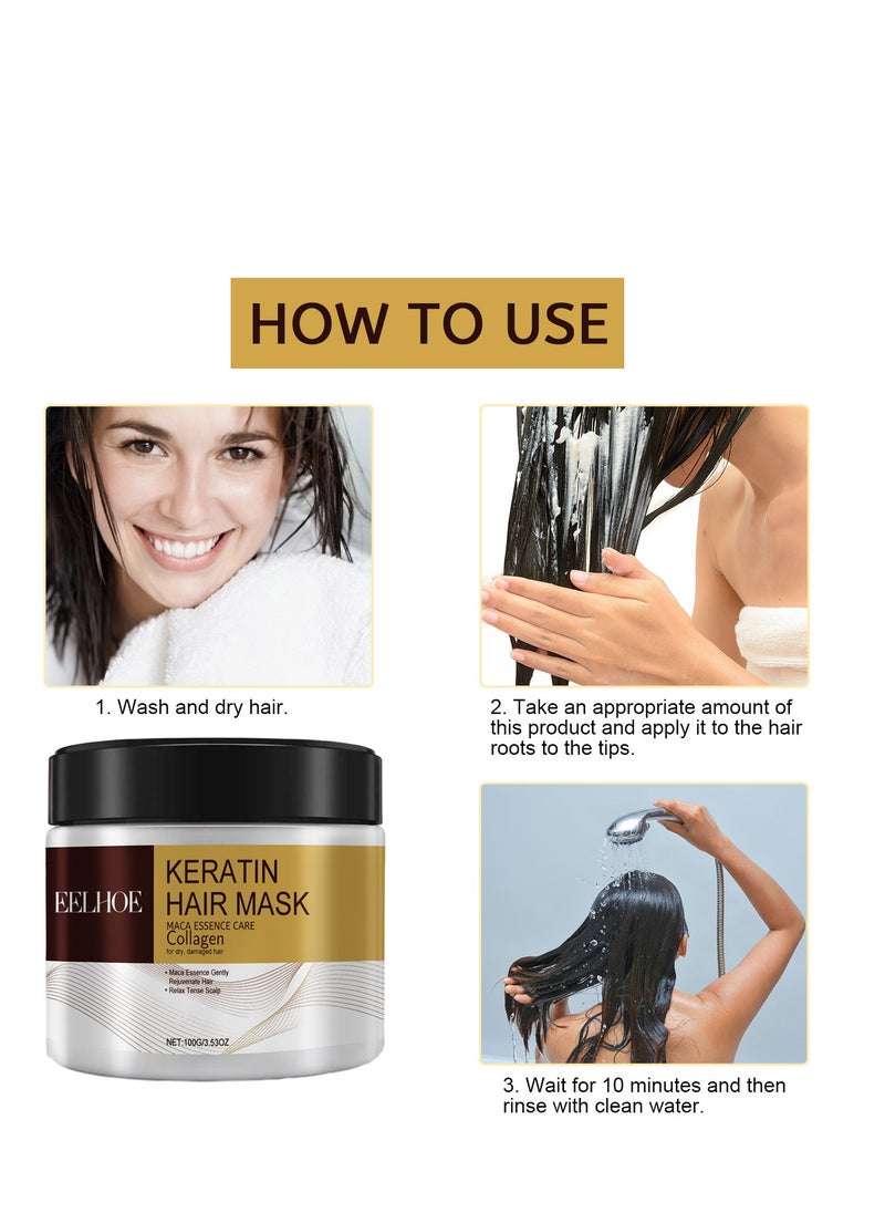 EELHOE - Keratin Hair Mask,Maca Essence Care Collagen For Dry Damaged Hair,Rejuvenate Hair,Relax Tense Scalp 100g - Image 1