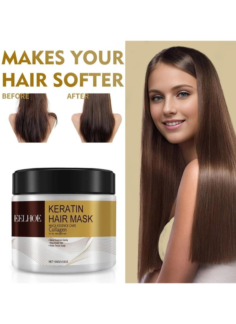EELHOE - Keratin Hair Mask,Maca Essence Care Collagen For Dry Damaged Hair,Rejuvenate Hair,Relax Tense Scalp 100g - Image 1